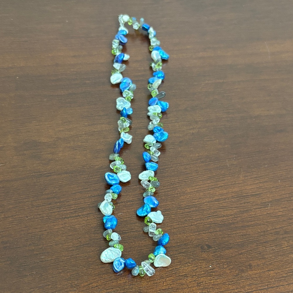 Honora Keshi teal pearls peridot & Quartz Stones Necklace Sterling Silver Clasp